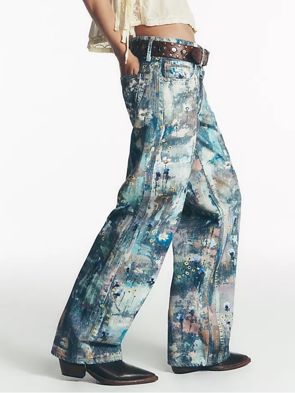 Free People Tennessee Low-Rise Illusions Painted Floral Jeans 25 NWT We The Free - Picture 4 of 12